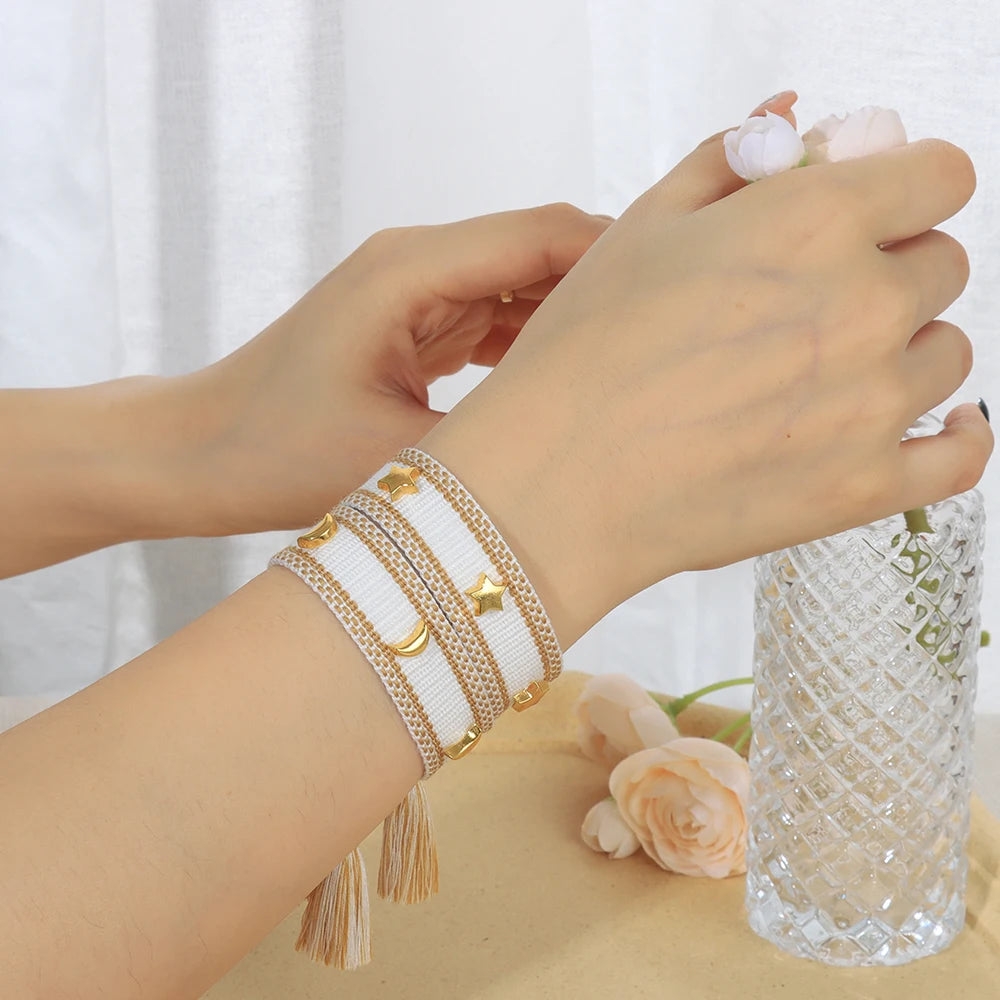 Vintage Friendship Bracelets STARS | MOON Bracelets Adjustable Woven Arm Stacked Jewelry