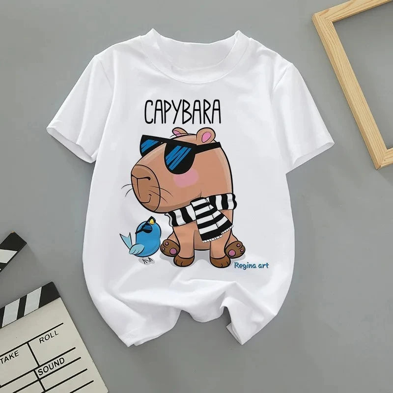 Summer Cartoon Cute Capybara Print Children T-shirt Short-sleeved Fashion Boys and Girls Round-neck Baby Kid Tshirt Trend