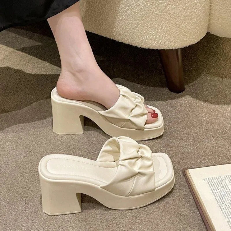 Summer High-heeled Casual Women Fish Mouth Shoes Ladies Shoes on Sale 2024 Fashion New Square Toe Anti-wrinkle Women's Slippers
