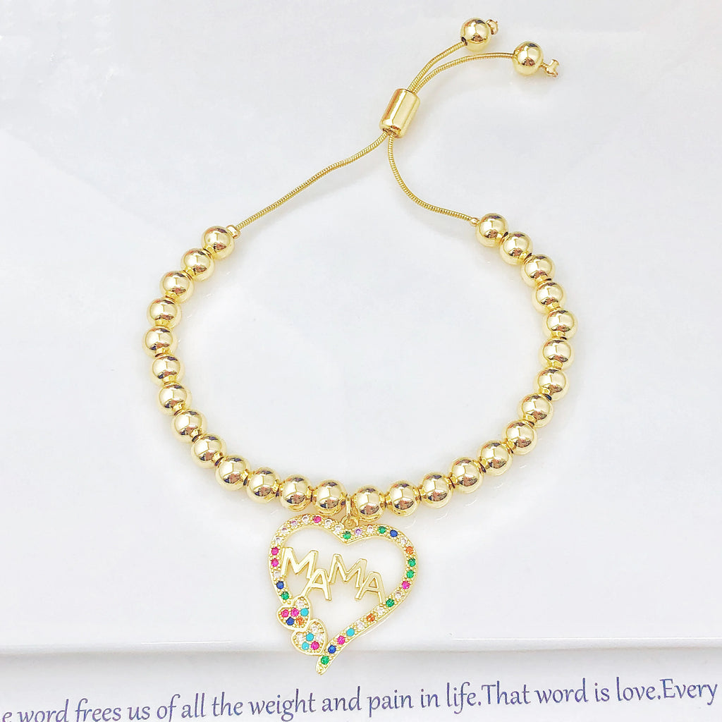 New Arrival Gold-Plated Heart-Shaped Zircon Mama Copper Bead Bracelet Classic for Women Holiday Party Jewelry Mother's Day Gift