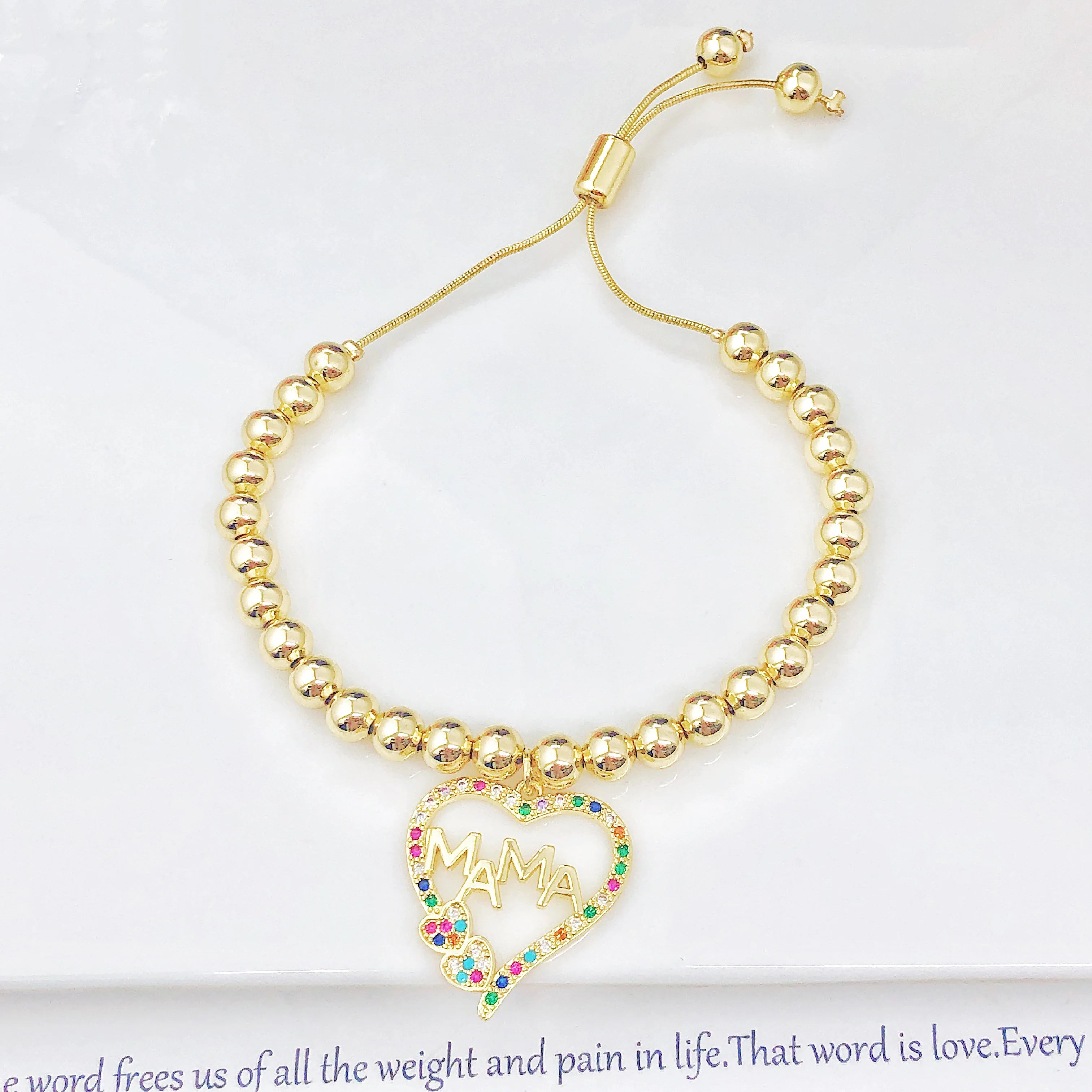 New Arrival Gold-Plated Heart-Shaped Zircon Mama Copper Bead Bracelet Classic for Women Holiday Party Jewelry Mother's Day Gift