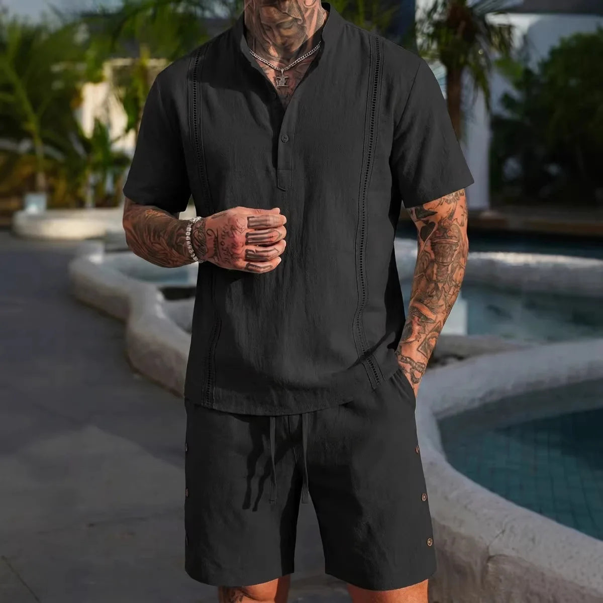 Summer best-selling men's cotton and linen fashionable casual personalized breathable short-sleeved short pants set