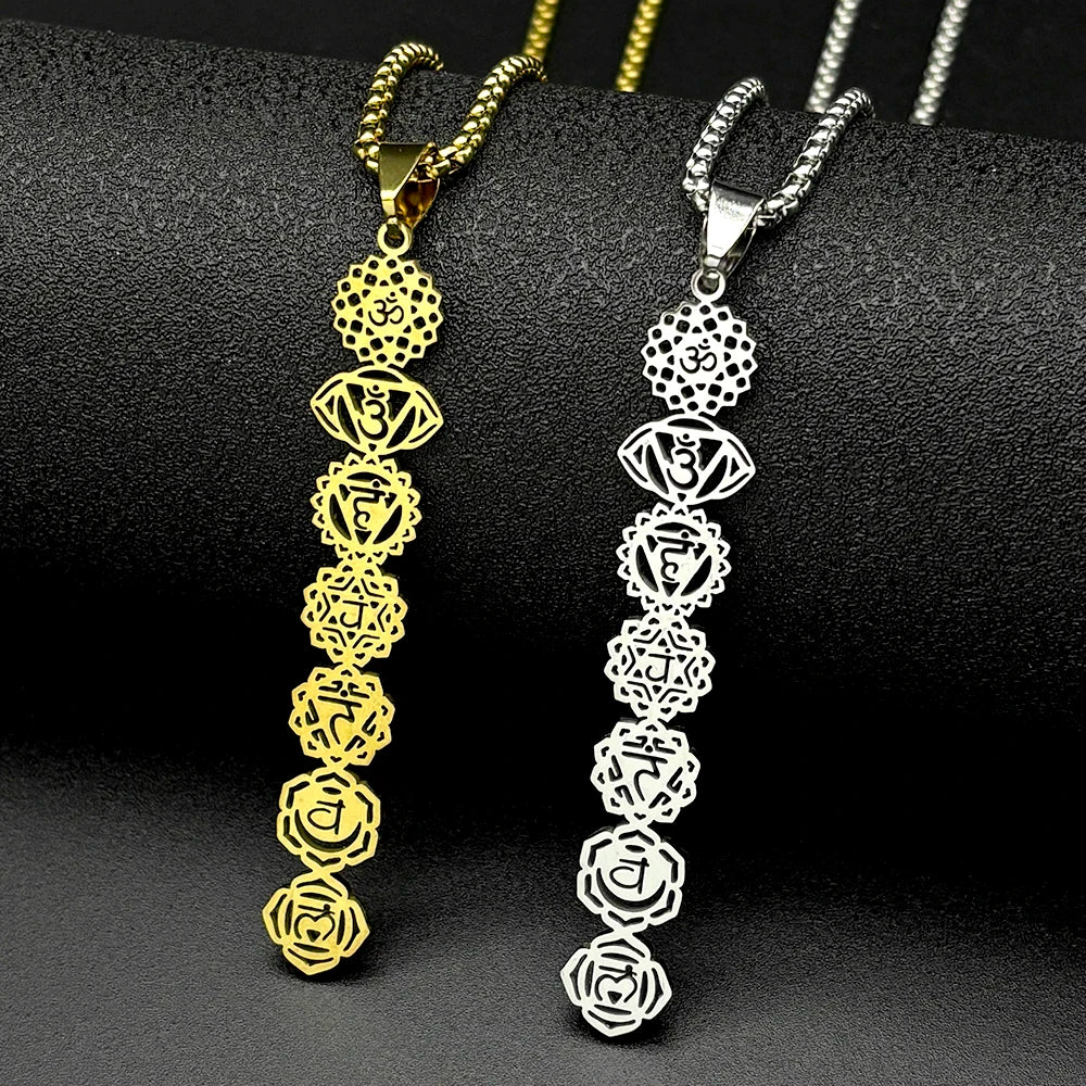 Yoga 7 Chakra Flower Om Symbol Sanskrit Pendant Necklace for Women Stainless Steel Gold Color Reiki Healing Amulet Jewelry Gift