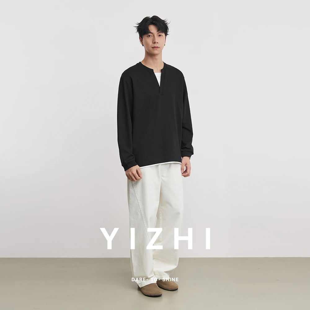 Japanese Simple Fake Two-piece Henry Collar Sweatshirt Men Spring Loose Long-sleeved T-shirt Casual Versatile Men's Clothing