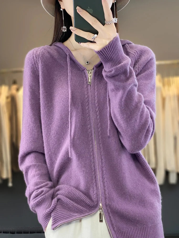 Autumn Winter 100% Merino Wool Sweater Cardigan Women's Hooded Zippers Raglan Sleeve Cashmere Knitwear Casual Chic Clothing Tops