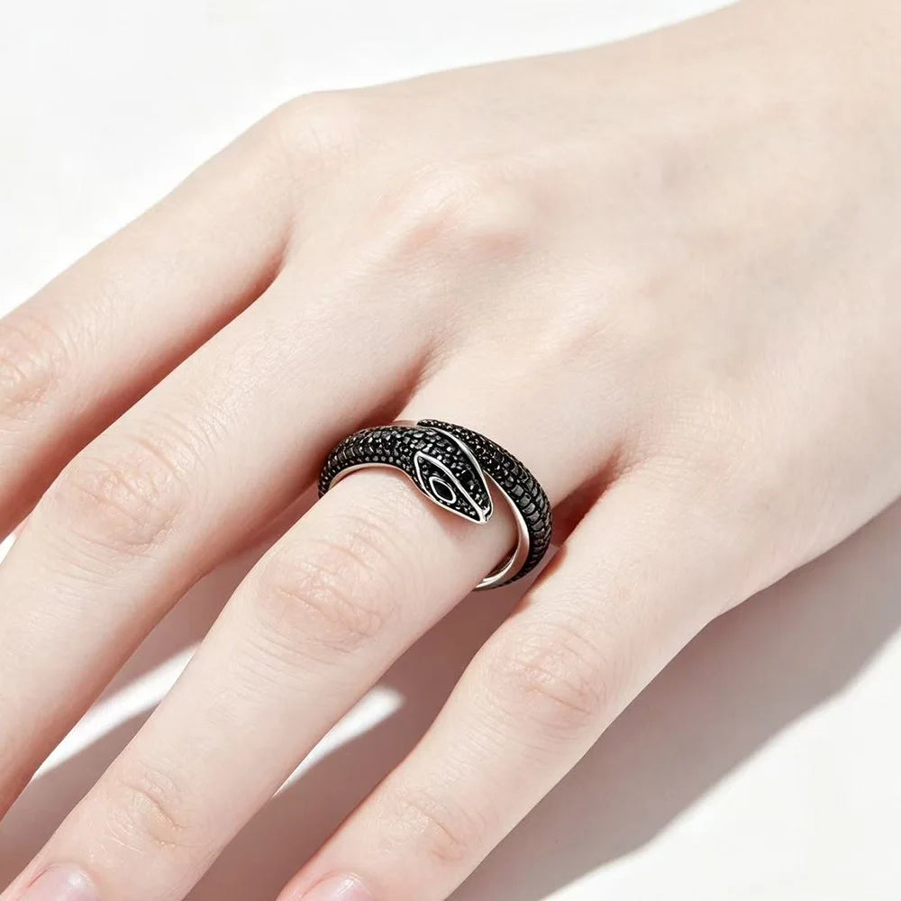 Black Stone Pave Snake Ring Europe Style Jewelry For Girls Women Brand New Vintage Gift In Solid 925 Sterling Silver