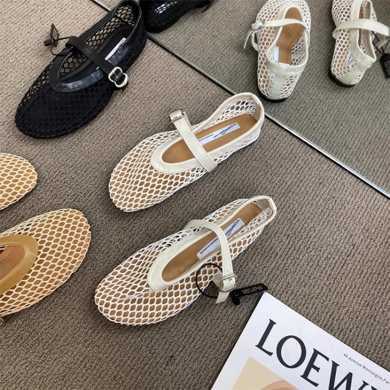 2026 New Hollow Mesh Women's Flat Ballet Shoes - Casual Fashion Versatile Breathable Fishnet Sandals