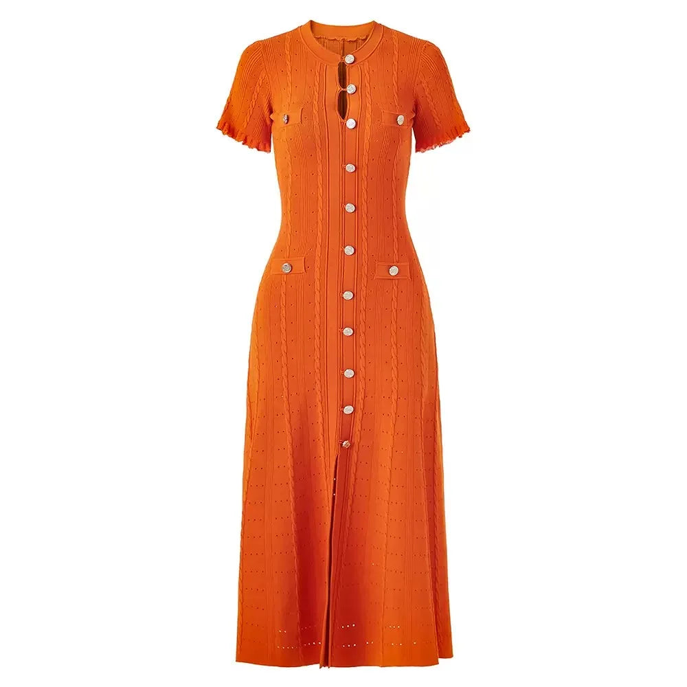 Vintage Cable Knit Midi Dress Button Front Ruffled Short Sleeve Pocket Design Elegant Party Casual Knitted Dress
