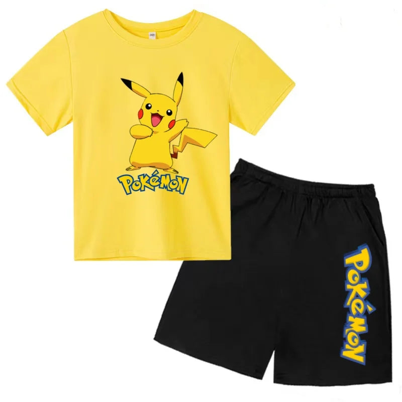Children's T-shirt Cool Summer Anime Pikachu Print Boys Girls 3-12Years Pokemon Clothing Cartoon Short-sleeved+Shorts Casual Set