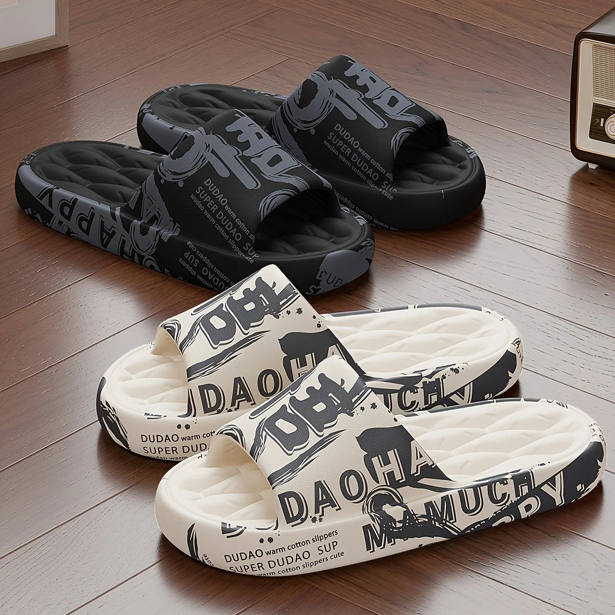 Trendy EVA Graffiti Slides for Men and Women Soft Comfortable Black White Design Playful Patterns Casual Home Outdoor Wear