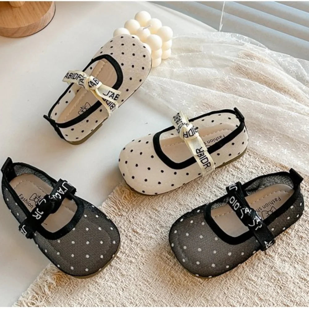 Girls'  Casual Shoes, Polka Dot Mesh Princess Cute Bow Spring Summer 2026 Suitable Toddlers, Medium Large Children Wedding Party