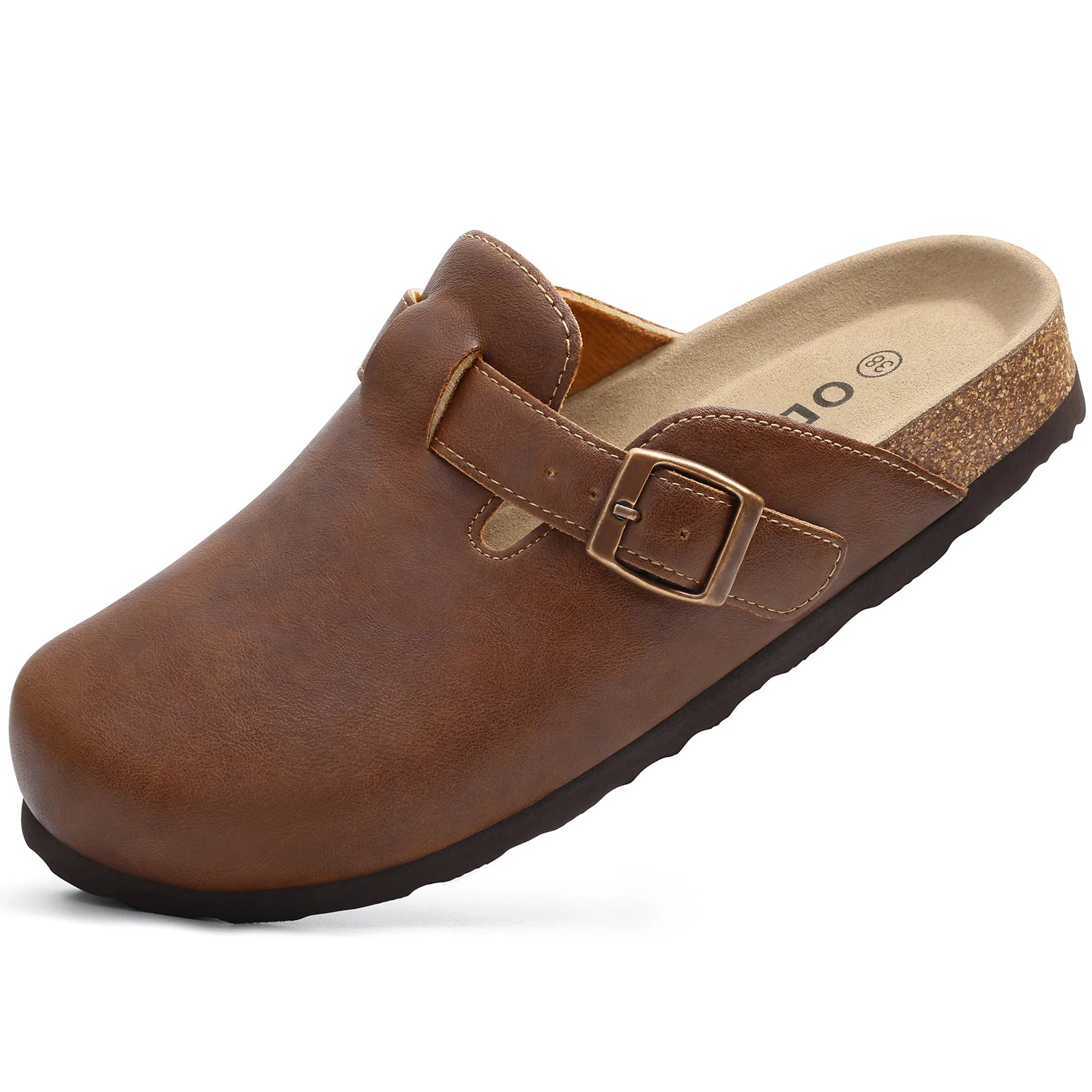 Kidmi Unisex Cork Insole Mules - Vegan Leather Adjustable Buckle Slip-On Clogs with Arch Support Potato Shoe for Women And Men