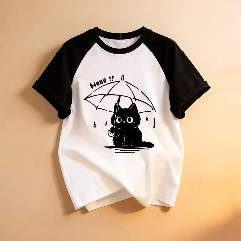 Funny Kawaii T Shirt Retro Black Cat Letter Print Crew Neck T-Shirt Casual Short Sleeve Tops for Spring Summer Women's Clothing