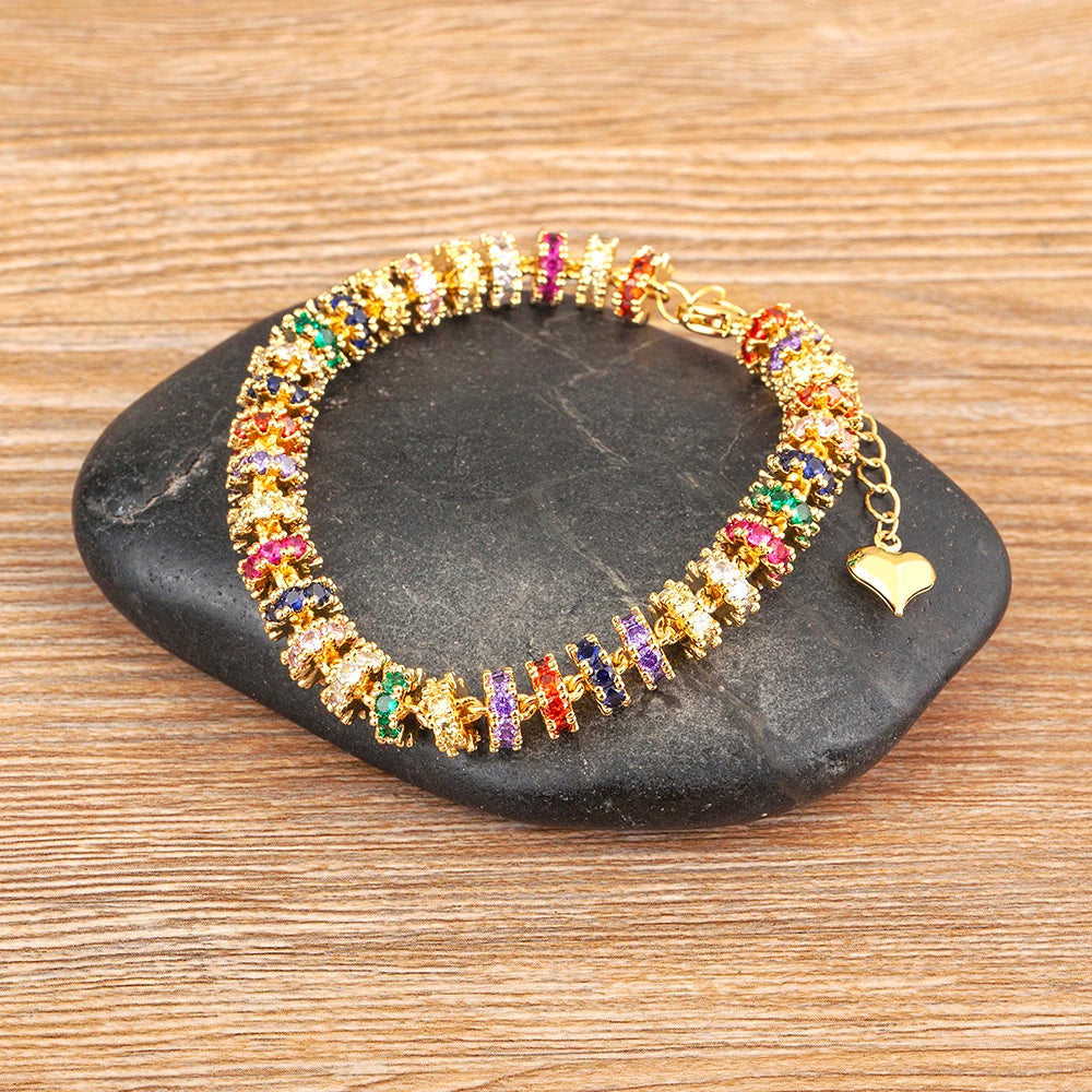 Nidin Fashion Gold Plated Chain Bead Bracelet for Women Colorful Crystal Zircon Heart Shape Charm Wedding Party Jewelry Gifts