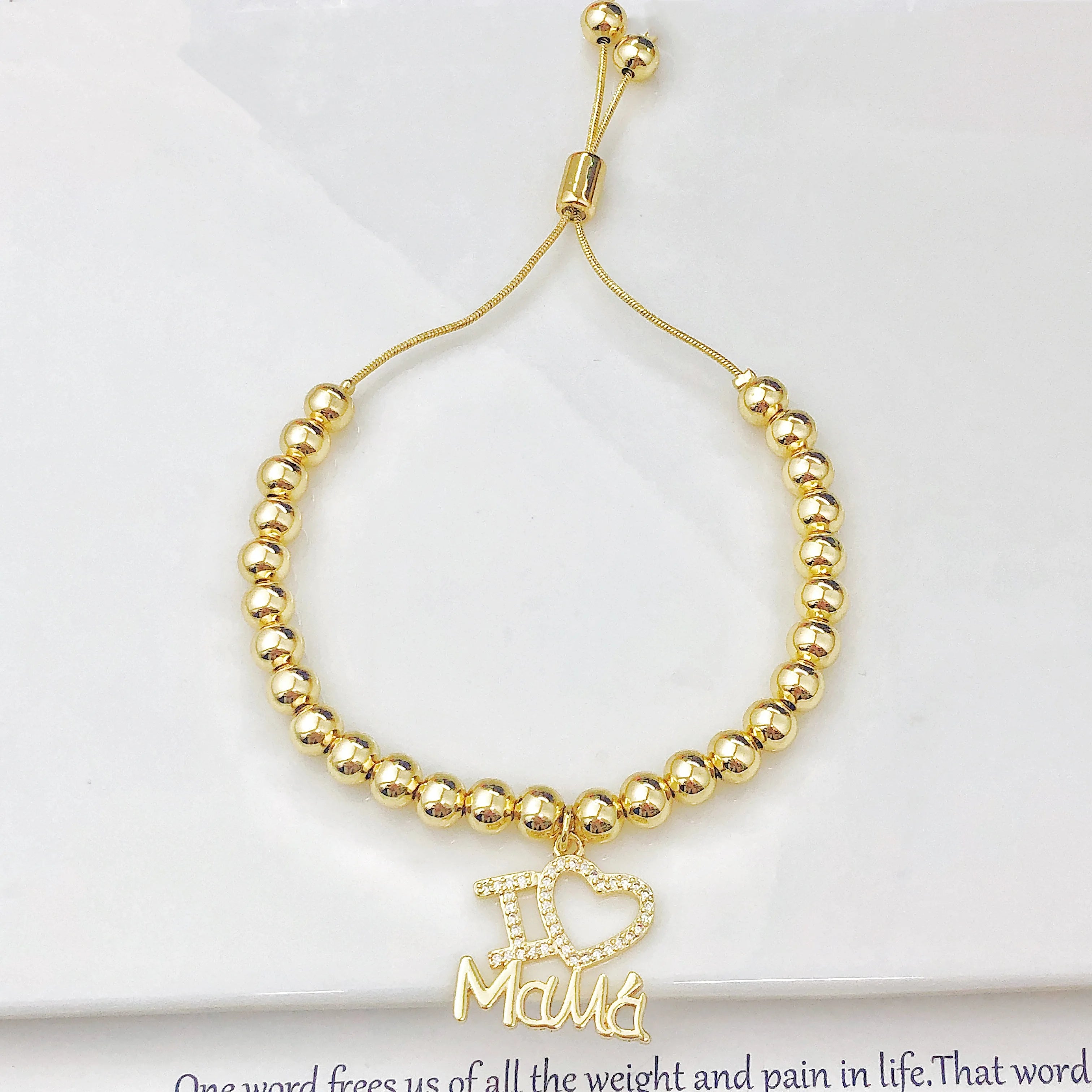 New Arrival Gold-Plated Heart-Shaped Zircon Mama Copper Bead Bracelet Classic for Women Holiday Party Jewelry Mother's Day Gift