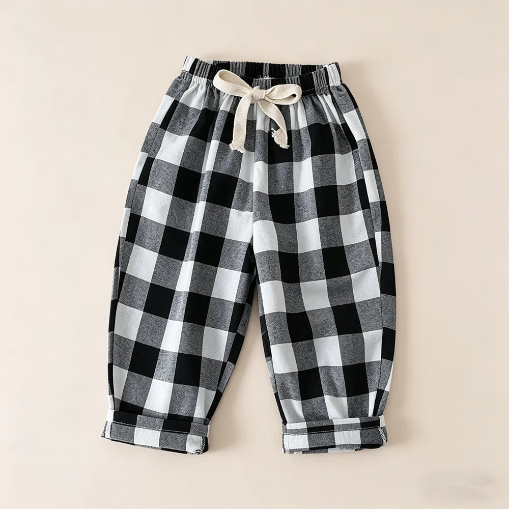 Spring Summer Kids Vintage Cotton Plaid Pant Boys Girls Loose Casual Pants Comfort Trousers For Girl Children's Clothing