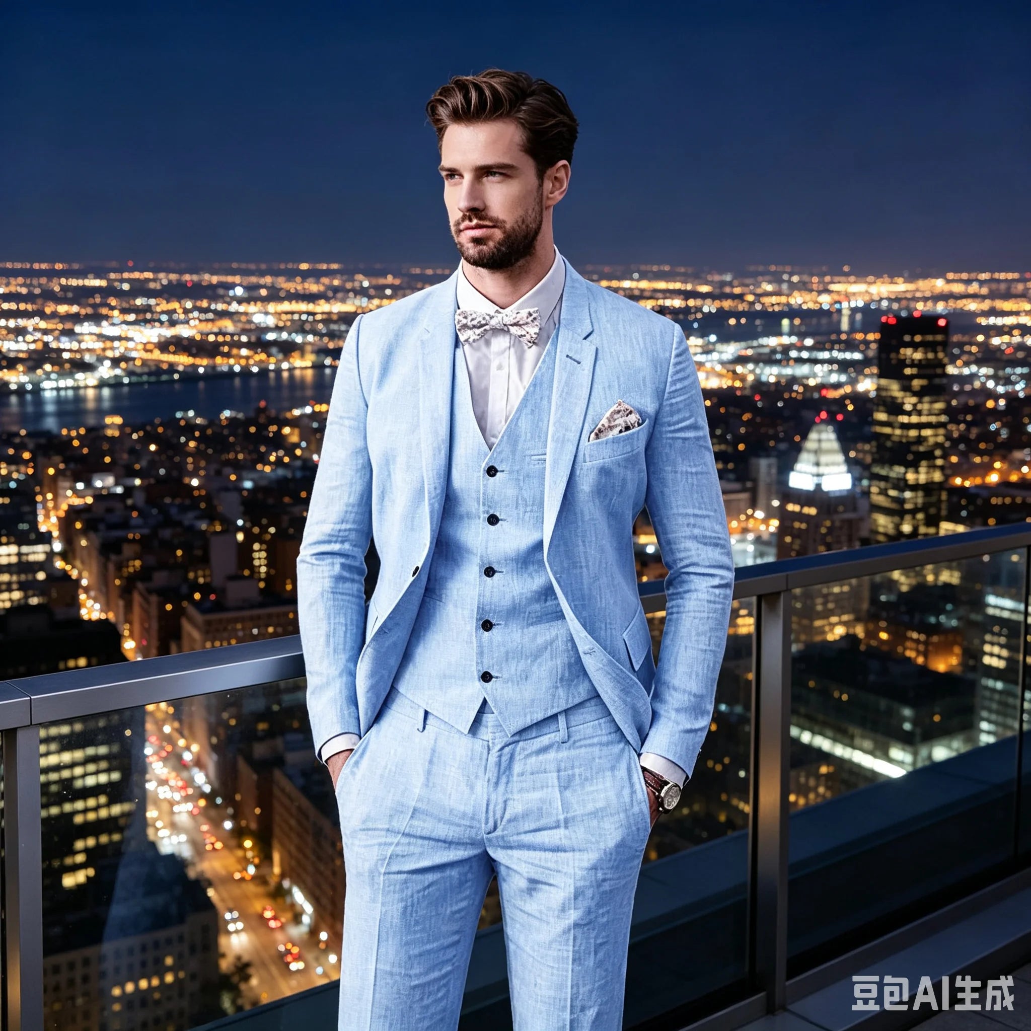 3 Piece Blue/Beige Linen Men's Slim Fit Suits Notch Lapel Blazer Summer Wedding Groom Tuxedos for Prom Party (Jacket+Vest+Pant)
