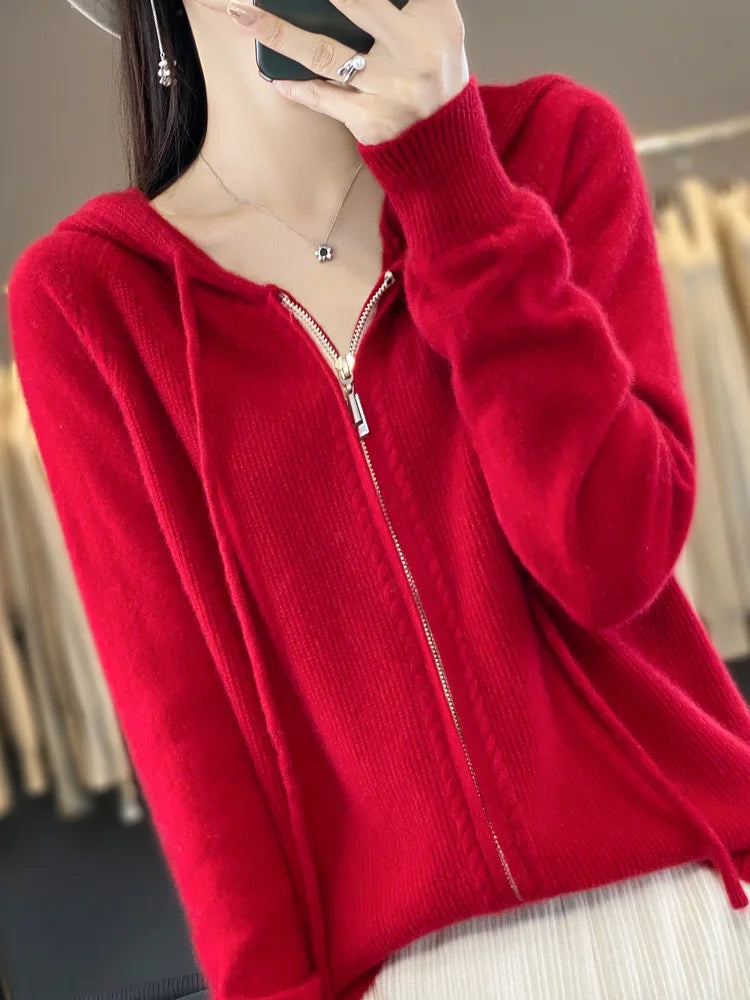 Autumn Winter 100% Merino Wool Sweater Cardigan Women's Hooded Zippers Raglan Sleeve Cashmere Knitwear Casual Chic Clothing Tops