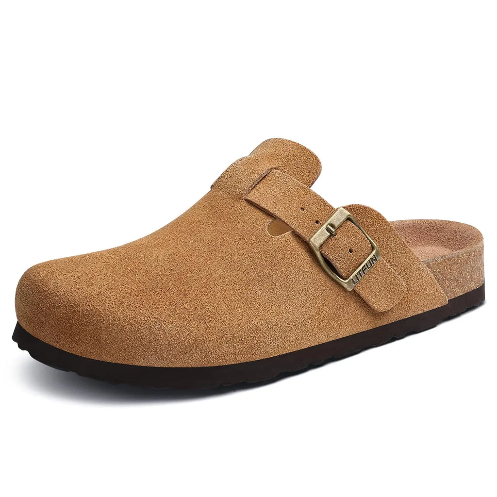 Litfun Classic Cork Clogs For Women Men Genuine Summer Clogs with Arch Support Cork Leather Home Mules Shoes Thick Beach Sandals