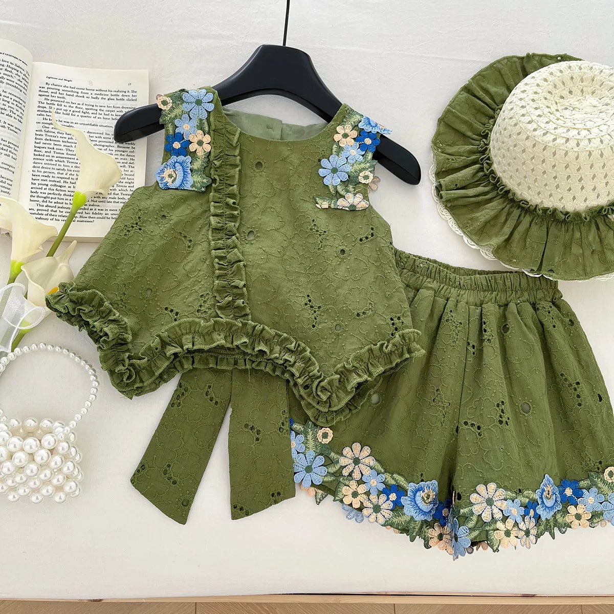 Summer Girl Dress 3psc Set Hat+Top+Short Pants Green Clothing Kids Dresses and Suit Big Bow Fashion Top and Bottom Short Set