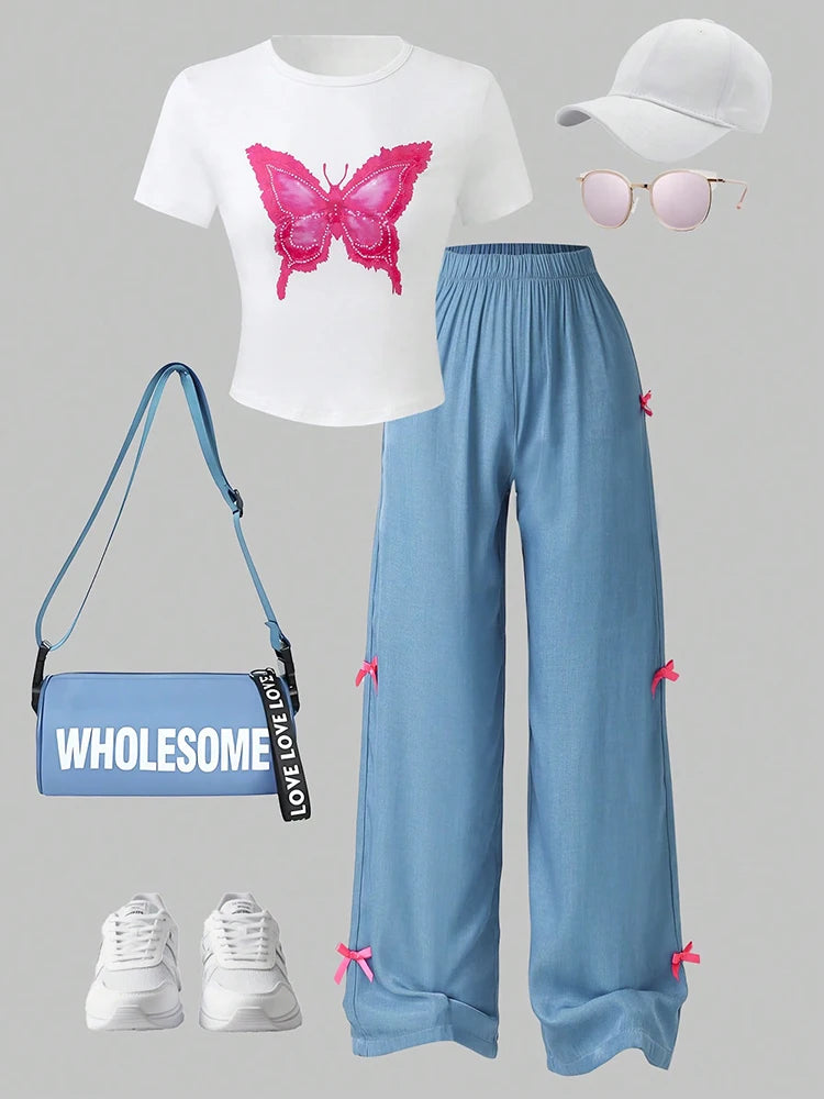 Spring And Summer Women's And Children's Butterfly Print Short Sleeved&Three-Dimensional Bow Wide Leg Pants Two-Piece Set