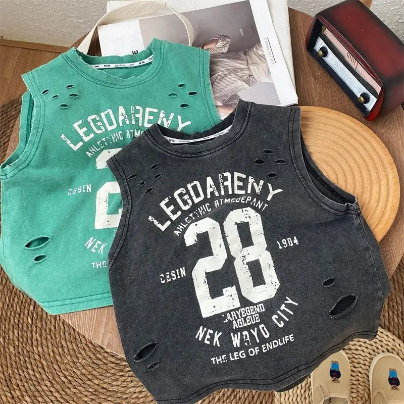Summer Handsome Boys New Black Pure Cotton Sleeveless Perforated T-shirt Loose Style Baby Children Tank Top