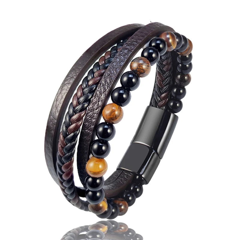 2025 New Beads Tiger's Eye Stone Bracelet for Men Four Layers Leather Bracelet with Stainless Steel Magnet Male Jewelry Gift