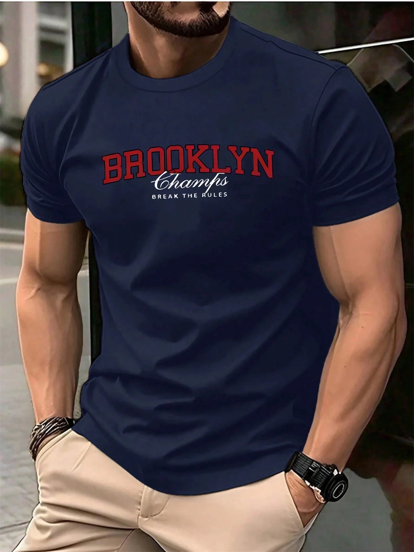 Men's Summer 100% Cotton Fashionable Casual Loose Brooklyn Pattern Printed Sports Round Neck Short Sleeve T-shirt Top
