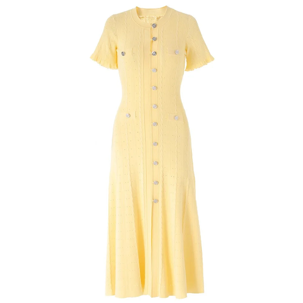 Vintage Cable Knit Midi Dress Button Front Ruffled Short Sleeve Pocket Design Elegant Party Casual Knitted Dress
