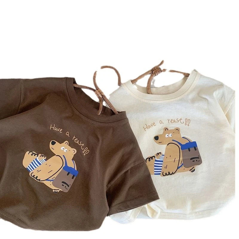 Fashion Casual Kids Short Sleeved Tops Boys T-shirts 2025 New Summer Clothing Loose O-neck Children's T Shirt Printed Bear