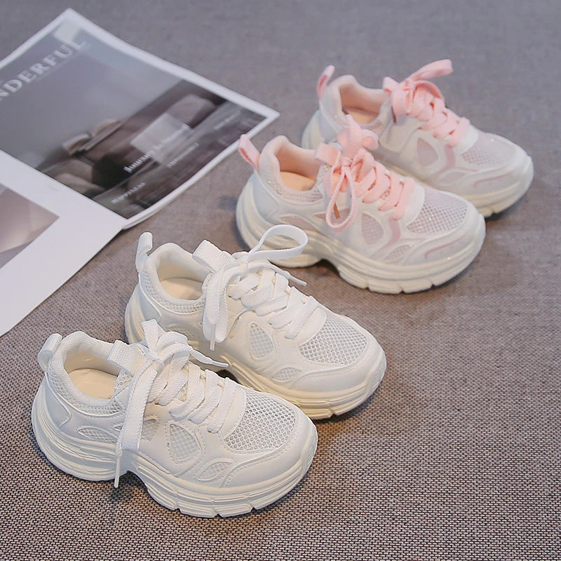 Summer Toddler Girls Breathable Mesh Chunky Sneakers Lace Up Non-Slip Soft Sole for Daily School Outdoor Running Play Wear