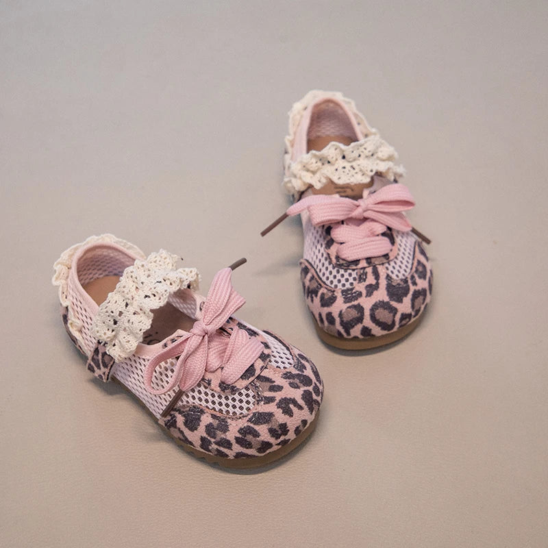 Girls Leopard Print Mesh Shoes Fashion Casual Sneakers Sweet Lace Trim Mesh Sneakers Adjustable Strap Summer Breathable Footwear