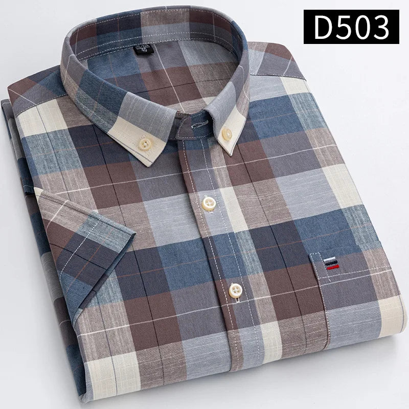 7XL Classic Men's Short Sleeve Shirt 100% Oxford Cotton Casual Plaid Stripe Shirt Business Men's Shirts Short Sleeve Large Size