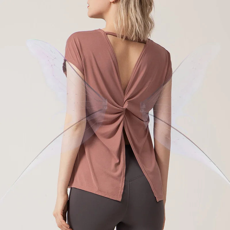 Women's Split Side Yoga Top Sexy Open Back Fitness T-shirt Loose Fit Workout Tee Running Sports Cover Gym Wear Woman clothing