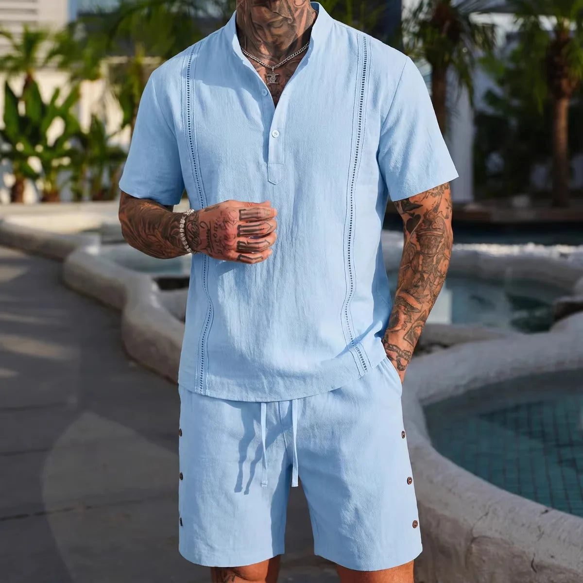 Summer best-selling men's cotton and linen fashionable casual personalized breathable short-sleeved short pants set