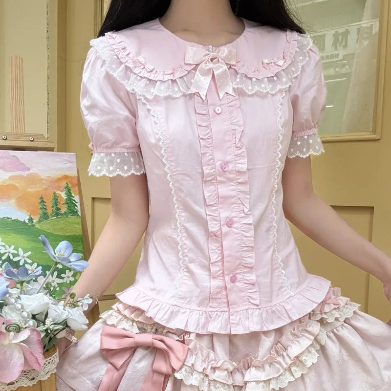Matakawa Ruffles Blouses Spring Summer Japanese Style Puff Sleeve Fashion Women Shirts Retro Sweet Peter Pan Collar Blusas Mujer