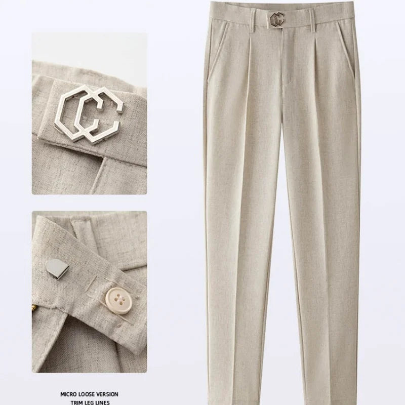 Pleated Thick Men Linen Pants Formal Clothes For Men Suits Pants High Quality 2025 Slim Fit British Business Dress Trousers male