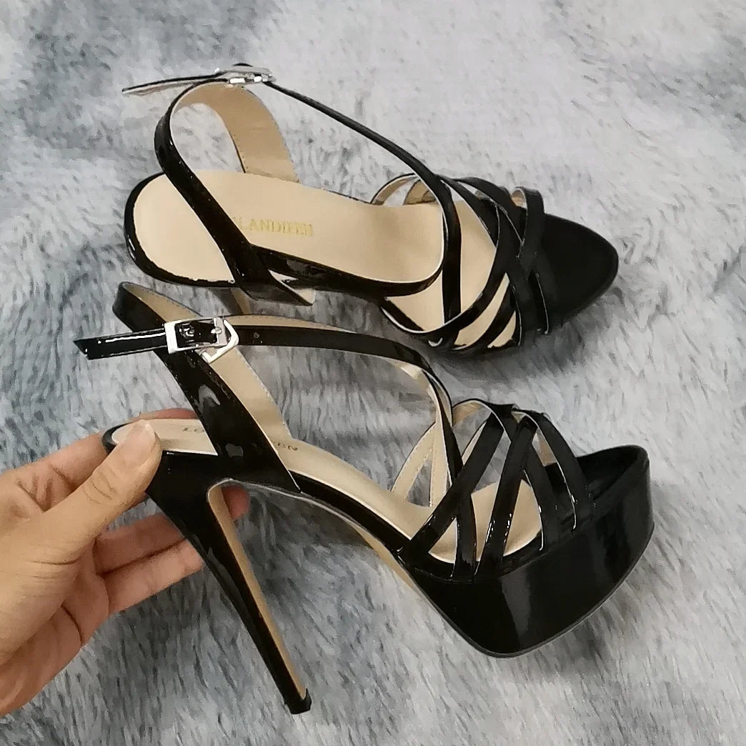 LOSLANDIFEN Women Sandals Sexy 14CM Platform High Heels Ankle Strap Sandal Open Toe Sanke Gladiator Party Dress Woman Shoes