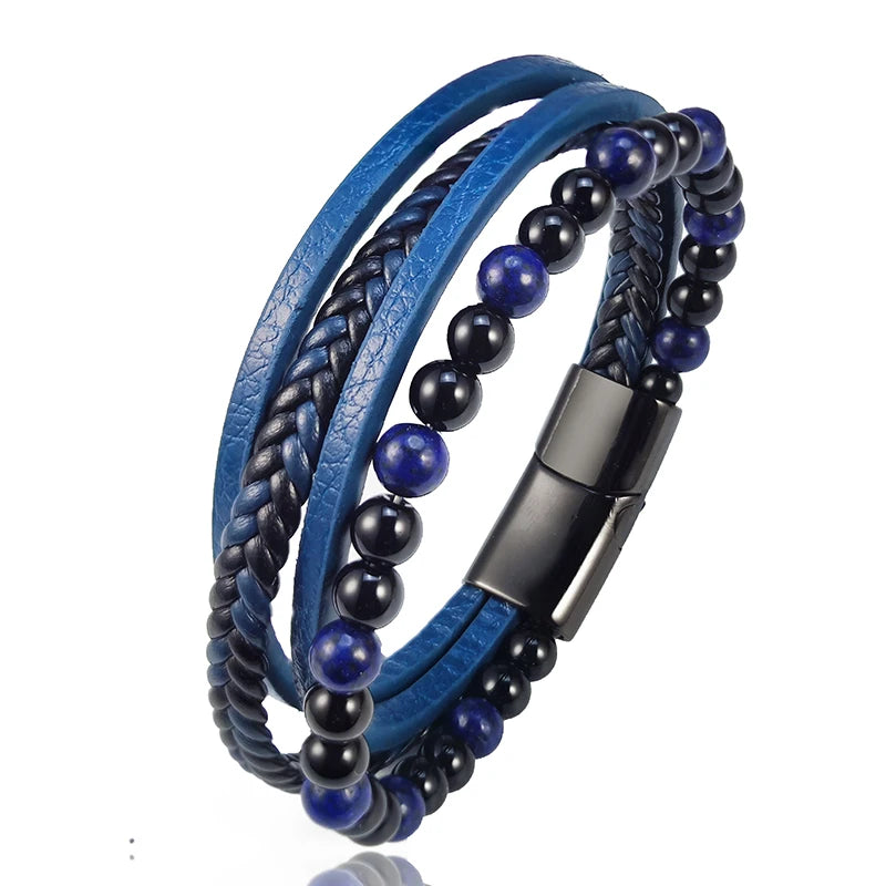 2025 New Beads Tiger's Eye Stone Bracelet for Men Four Layers Leather Bracelet with Stainless Steel Magnet Male Jewelry Gift