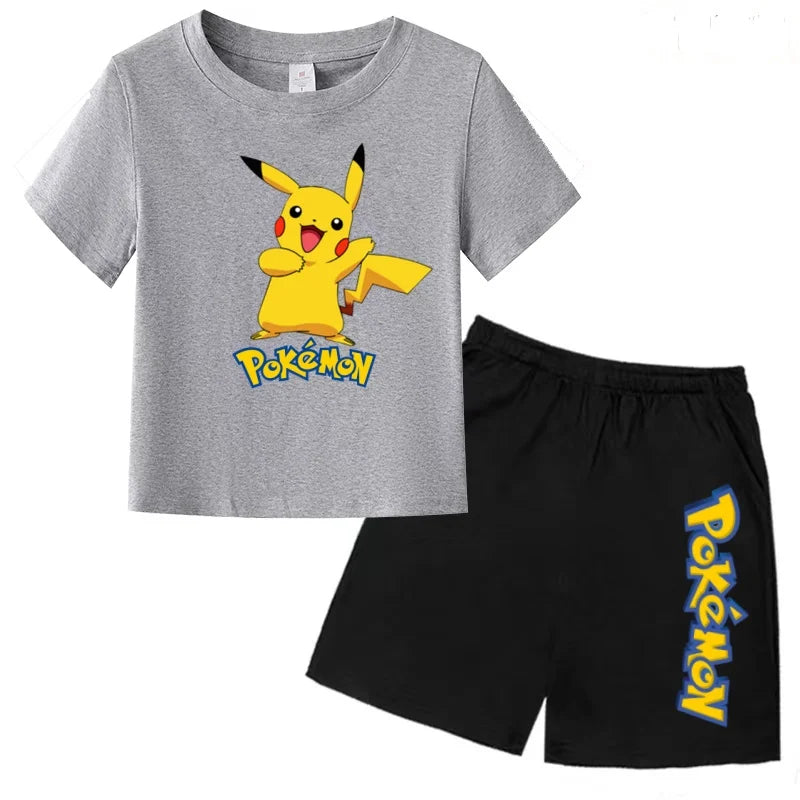 Children's T-shirt Cool Summer Anime Pikachu Print Boys Girls 3-12Years Pokemon Clothing Cartoon Short-sleeved+Shorts Casual Set