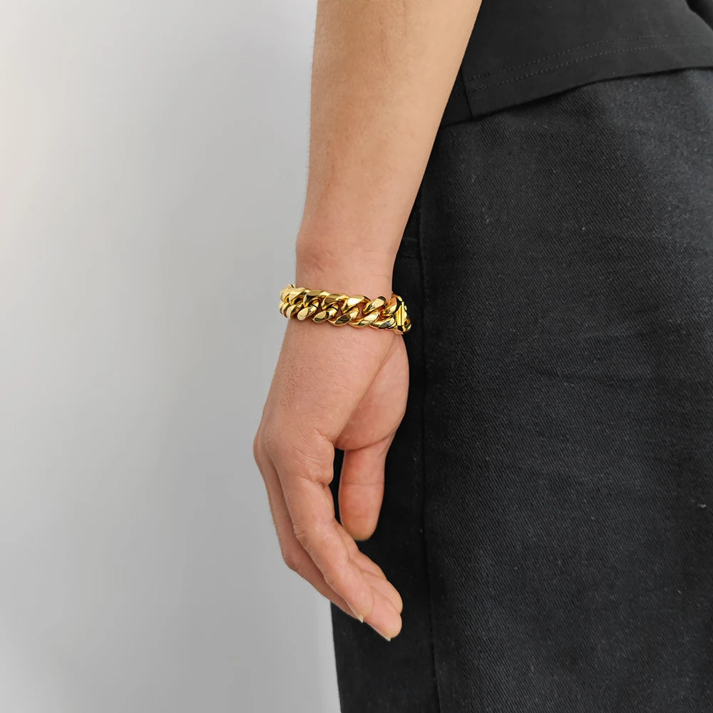 14/16/18mm Stainless Steel Cuban Link Bracelet Men Gold Silver Plated Hip Hop Chunky Chain Wristband Jewelry Gift