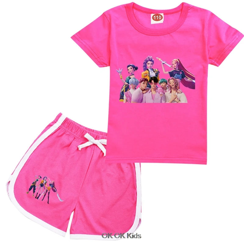 2 Pcs Suit KPop Demon Hunters Rumi Kids Teens Girls T Shirt Shorts 2pcs Sets Toddler Boys Summer Sportsuits Girl's Nightwear Set