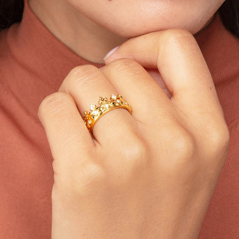 Ring Crown Gold Europe Style Fine Jewelry For Women Summer Brand New Pure 925 Sterling Silver Classic Gift