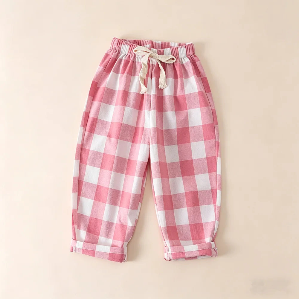 Spring Summer Kids Vintage Cotton Plaid Pant Boys Girls Loose Casual Pants Comfort Trousers For Girl Children's Clothing