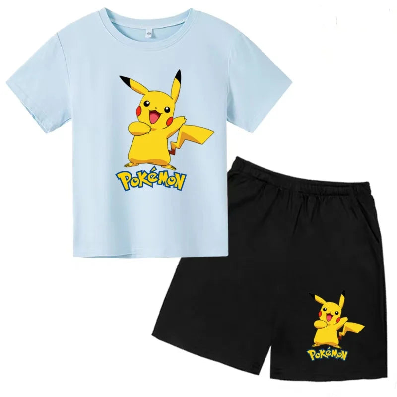 Children's T-shirt Cool Summer Anime Pikachu Print Boys Girls 3-12Years Pokemon Clothing Cartoon Short-sleeved+Shorts Casual Set