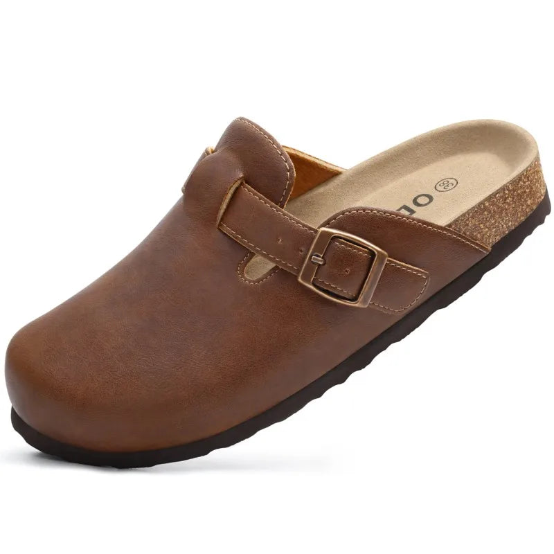 Kidmi Unisex Cork Insole Mules - Vegan Leather Adjustable Buckle Slip-On Clogs with Arch Support Potato Shoe for Women And Men
