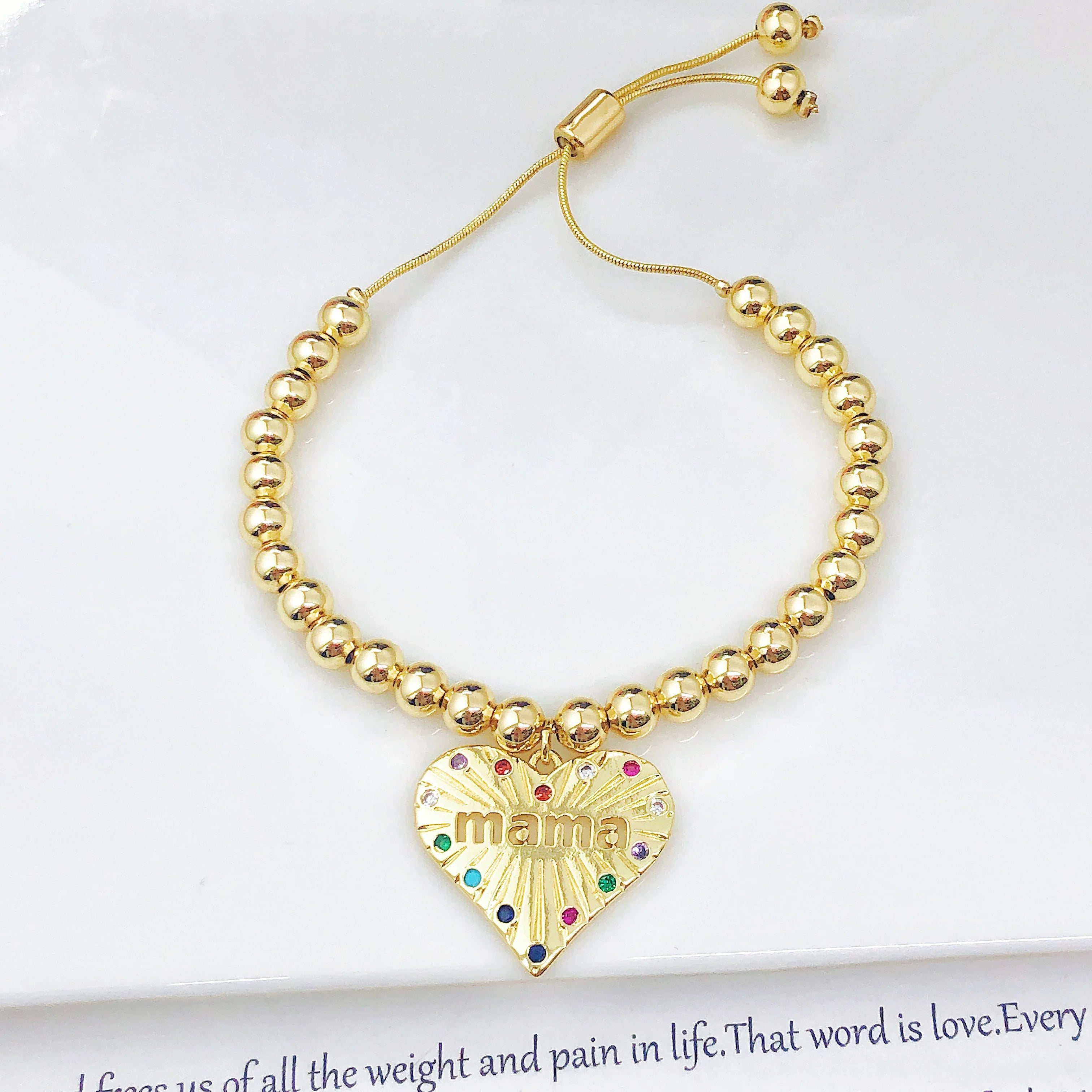 New Arrival Gold-Plated Heart-Shaped Zircon Mama Copper Bead Bracelet Classic for Women Holiday Party Jewelry Mother's Day Gift