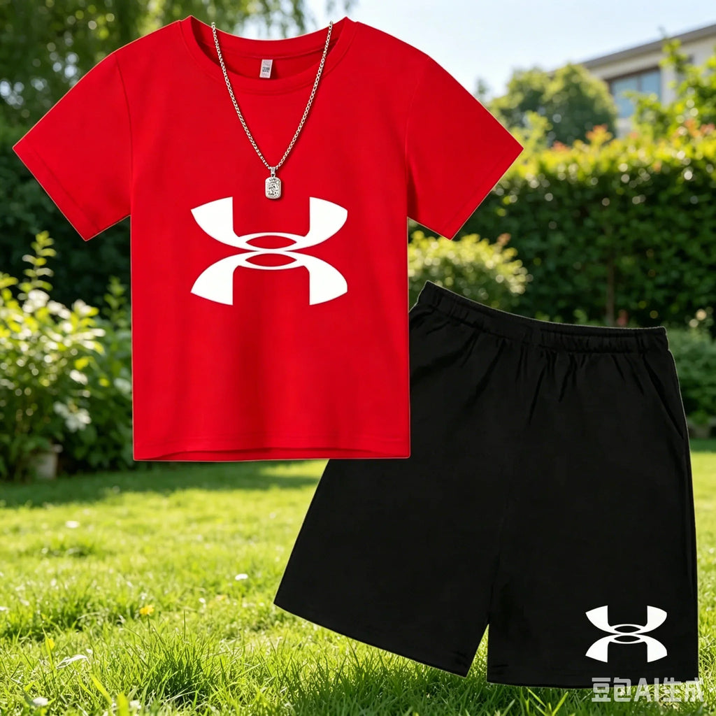 Short-Sleeved T-Shirt And Shorts with Printed Logo - Stylish SportswearChildren's 2-Piece Sportswear Set -  Ensemble for Kids