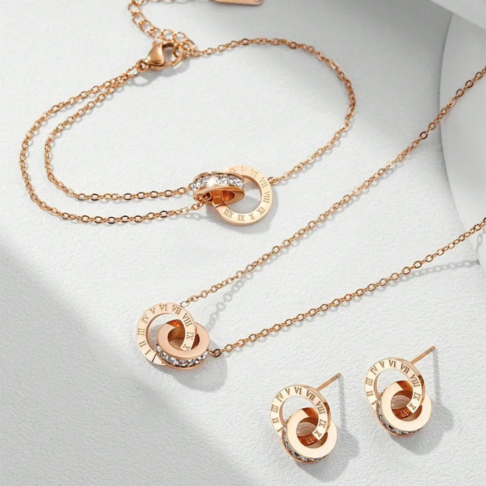 Classic Roman Numeral Zircon inlay Double Ring Earrings Necklace Bracelet Ring Size 7 Diverse Combinations With Fashion Jewelry