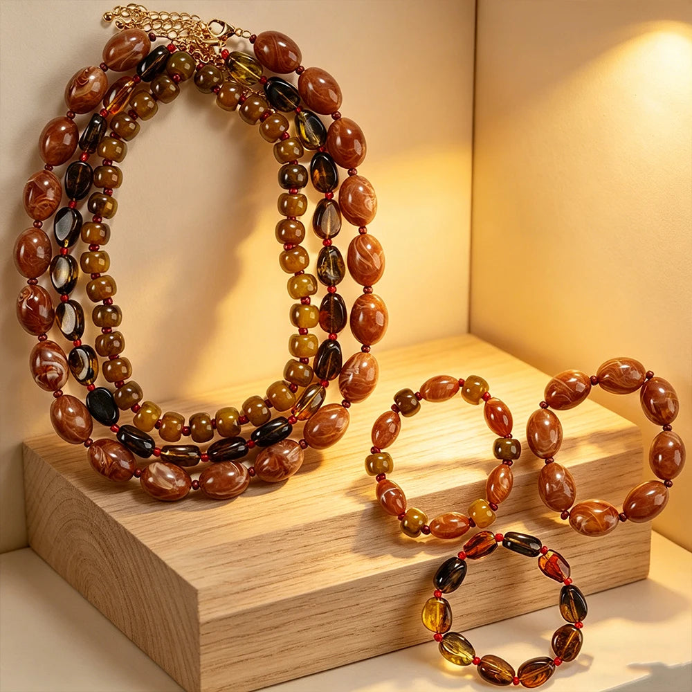 Earthy Gradient Amber Tone Jewelry Combo Triple Strand Necklace And Stackable Bracelet Set Statement Accessory For Women Summer